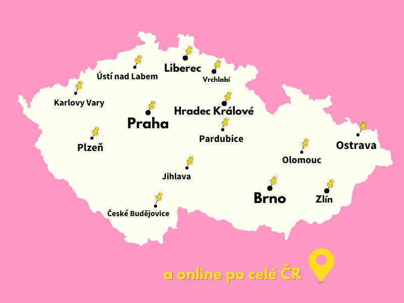 Mapa učeben Doučse po celé ČR — Praha, Brno, Ostrava, Hradec Králové, Liberec, Zlín, České Budějovice, Vrchlabí a další